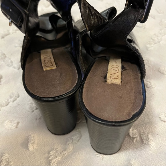 Enzo Angiolini Black Leather Block Heel Open Toe Buckle Closure Sandal 7.5 - Picture 2 of 9